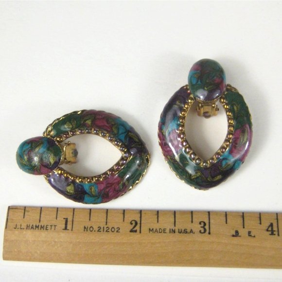 Enamel Dangle Clip On Earrings Goldtone  1980 1990 Vintage 2 inch - Picture 2 of 5